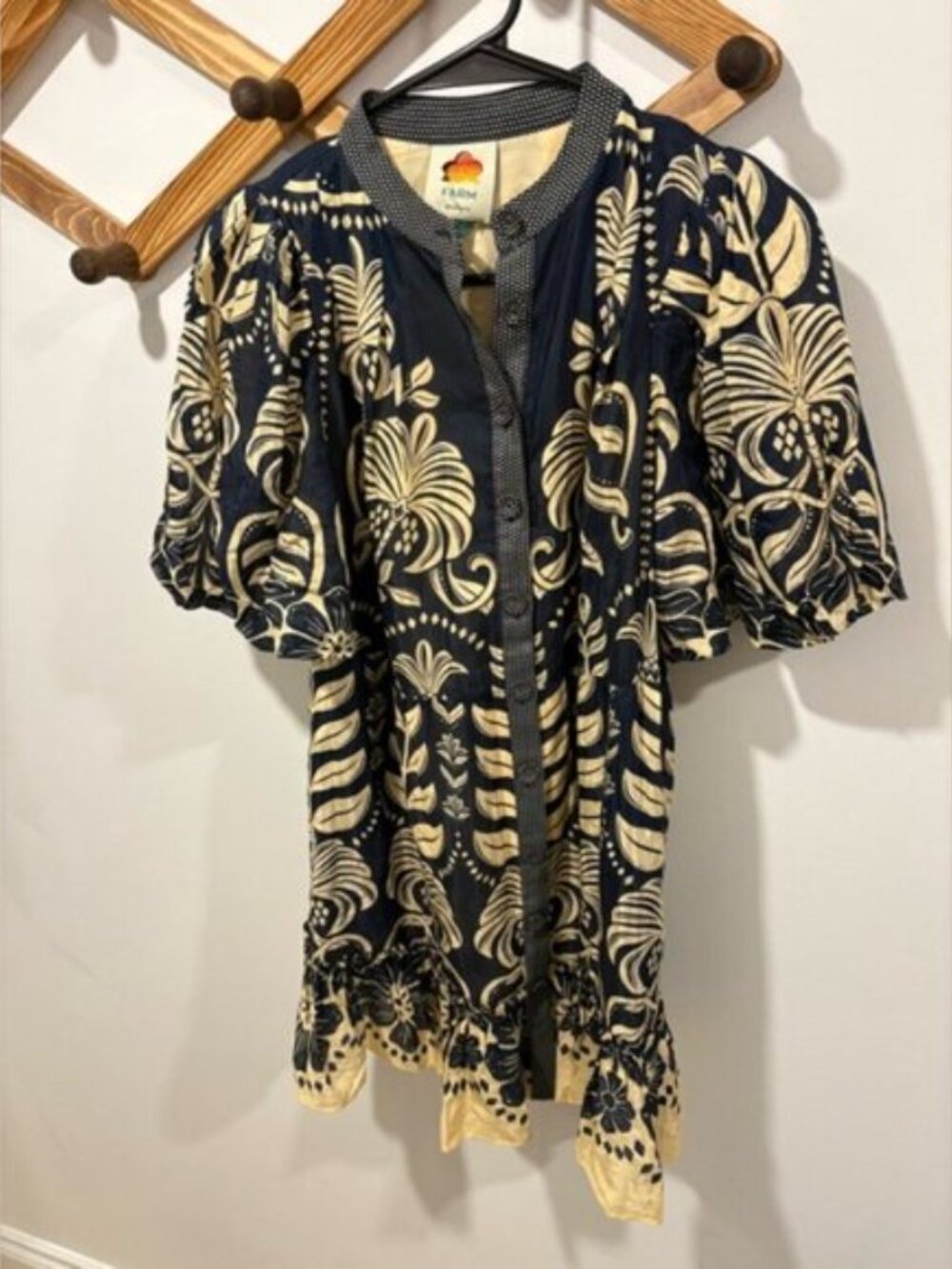 Anthropologie Farm Rio Ainika Floral Puff Sleeve Mini Dress XS Navy Tan NWT - Picture 6 of 7